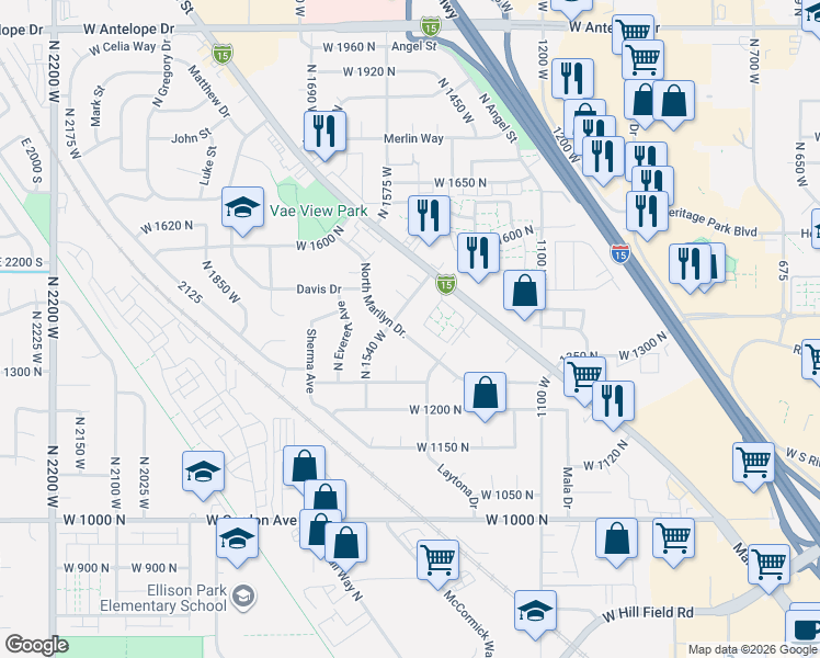map of restaurants, bars, coffee shops, grocery stores, and more near 1448 North 1540 West in Layton