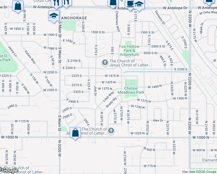 map of restaurants, bars, coffee shops, grocery stores, and more near 2791 West 1425 North in Layton