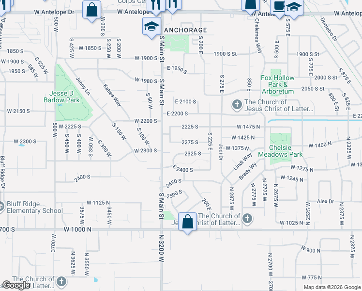 map of restaurants, bars, coffee shops, grocery stores, and more near 86 2275 South in Clearfield