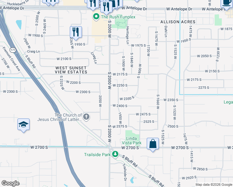 map of restaurants, bars, coffee shops, grocery stores, and more near 2282 South 1950 West in Syracuse