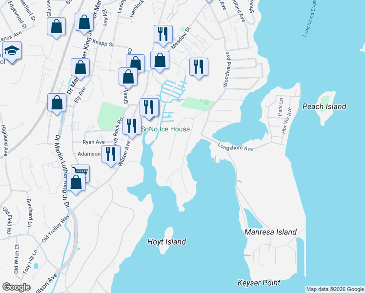 map of restaurants, bars, coffee shops, grocery stores, and more near 15 Dock Road in Norwalk