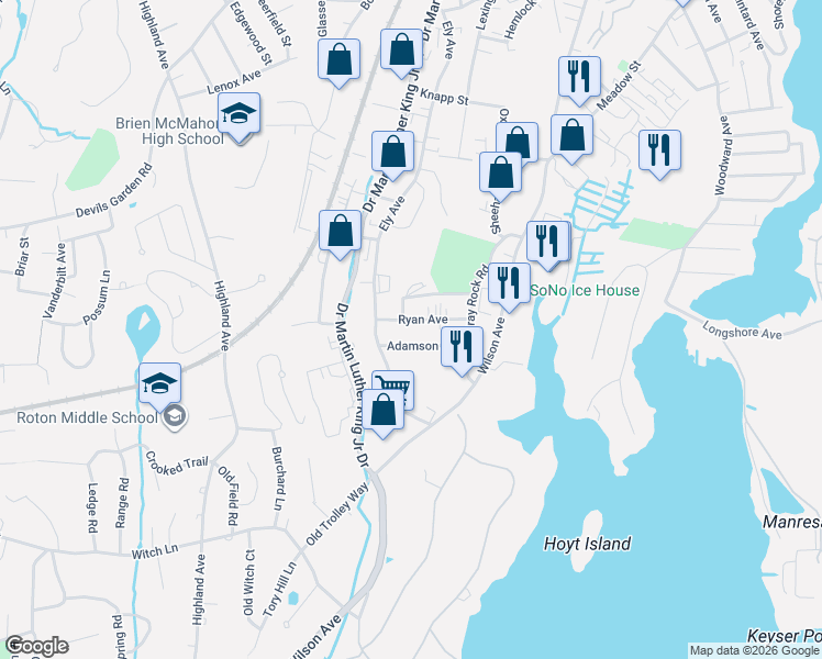 map of restaurants, bars, coffee shops, grocery stores, and more near 12 Ryan Avenue in Norwalk