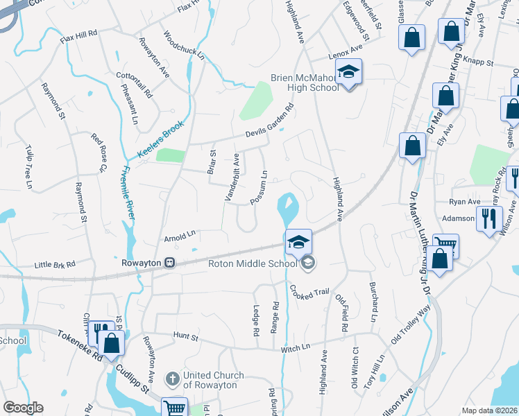 map of restaurants, bars, coffee shops, grocery stores, and more near 23 Possum Lane in Norwalk