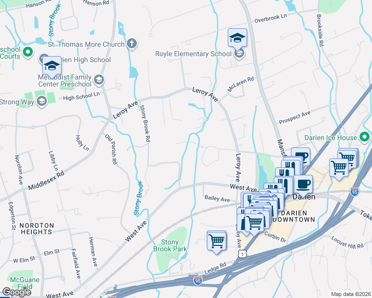 map of restaurants, bars, coffee shops, grocery stores, and more near 6 Tanglewood Trail in Darien