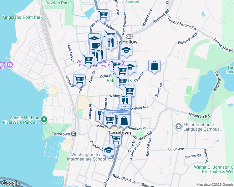 map of restaurants, bars, coffee shops, grocery stores, and more near 121 North Broadway in Tarrytown