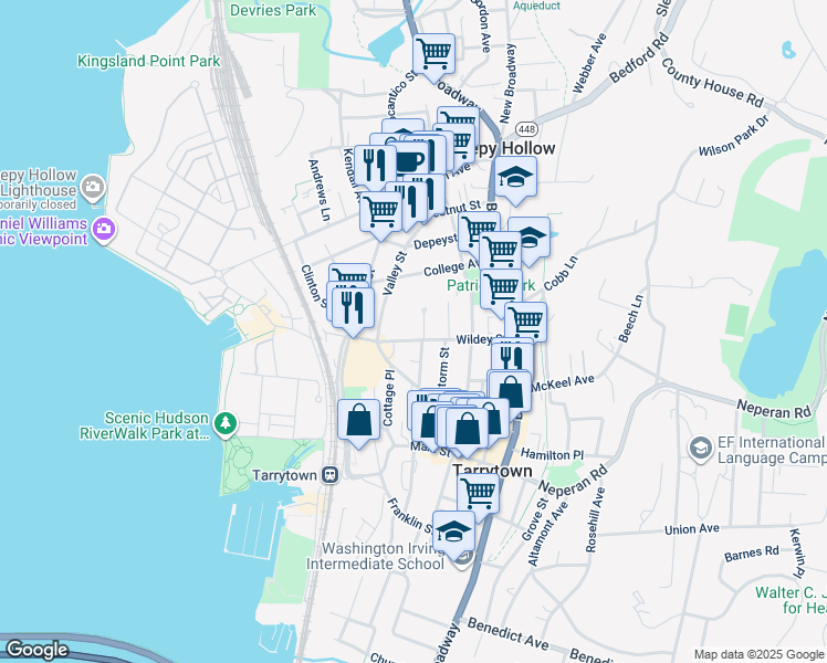 map of restaurants, bars, coffee shops, grocery stores, and more near 5 Wood Court in Tarrytown