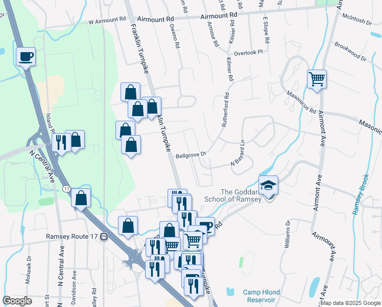 map of restaurants, bars, coffee shops, grocery stores, and more near 107 Bellgrove Drive in Mahwah