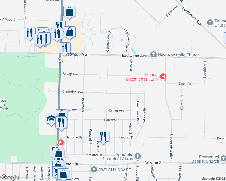 map of restaurants, bars, coffee shops, grocery stores, and more near 2353 Cooledge Avenue in Akron