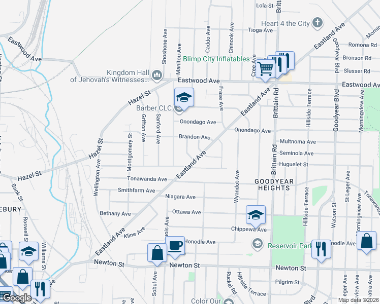 map of restaurants, bars, coffee shops, grocery stores, and more near 632 Plum Avenue in Akron