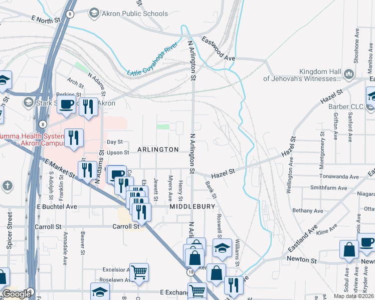 map of restaurants, bars, coffee shops, grocery stores, and more near 300 North Arlington Street in Akron