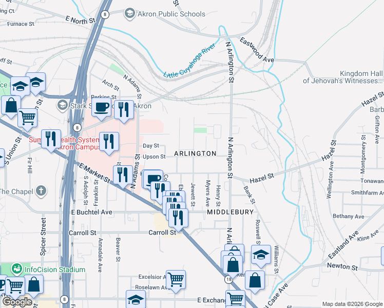 map of restaurants, bars, coffee shops, grocery stores, and more near 167 Jewett Street in Akron
