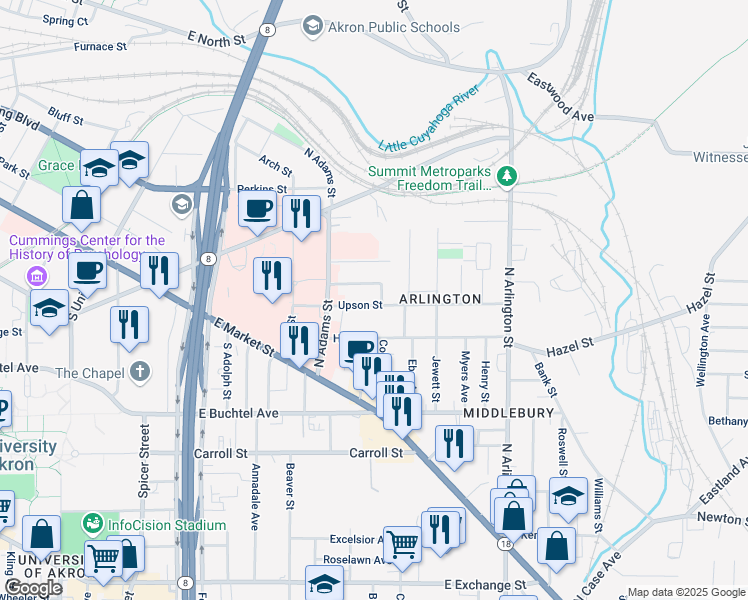 map of restaurants, bars, coffee shops, grocery stores, and more near 640 Day Street in Akron