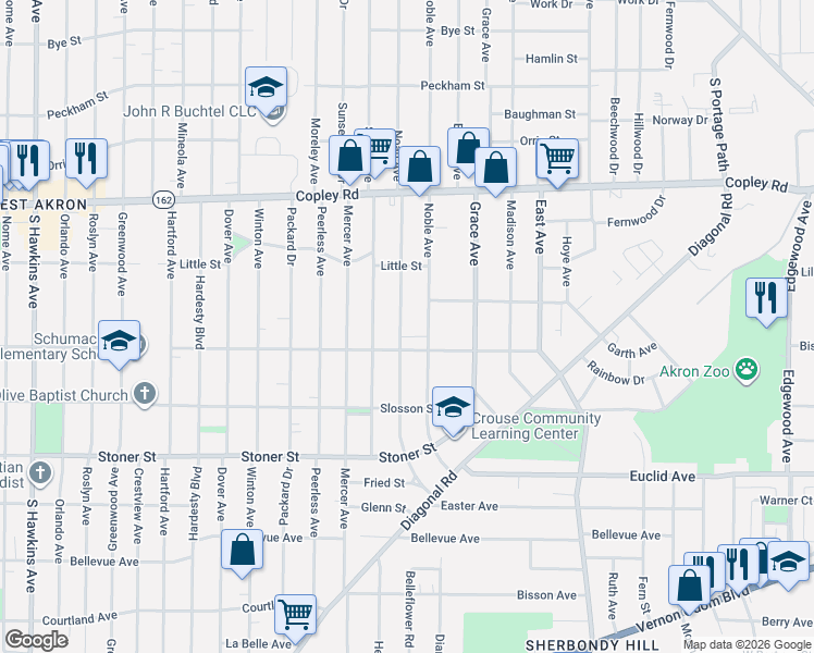 map of restaurants, bars, coffee shops, grocery stores, and more near 621 Noah Avenue in Akron