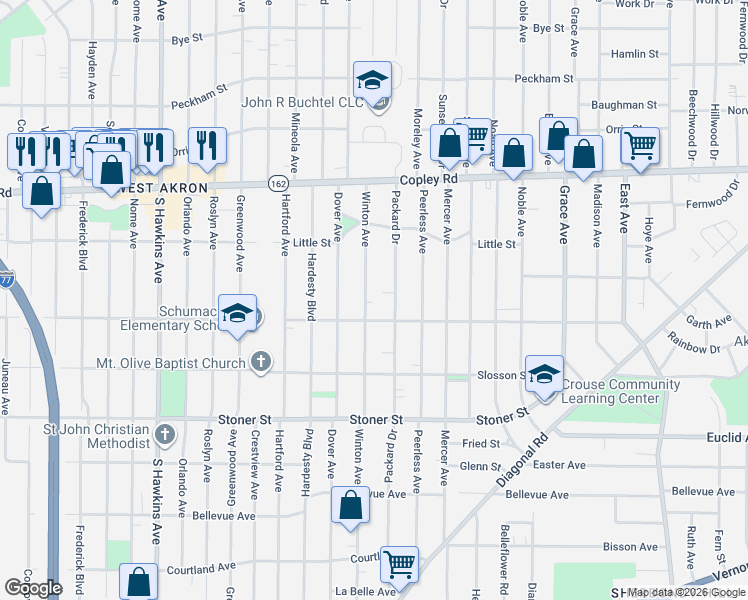map of restaurants, bars, coffee shops, grocery stores, and more near 896 Winton Avenue in Akron