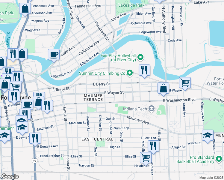 map of restaurants, bars, coffee shops, grocery stores, and more near 1208 East Berry Street in Fort Wayne