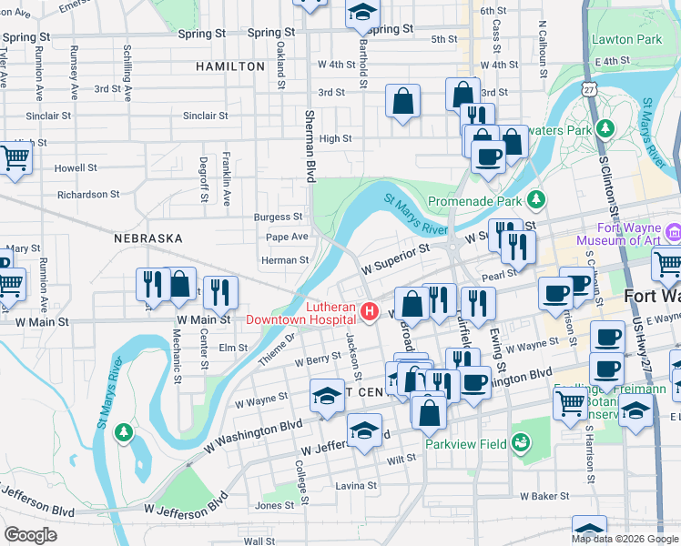 map of restaurants, bars, coffee shops, grocery stores, and more near Saint Marys Pathway in Fort Wayne