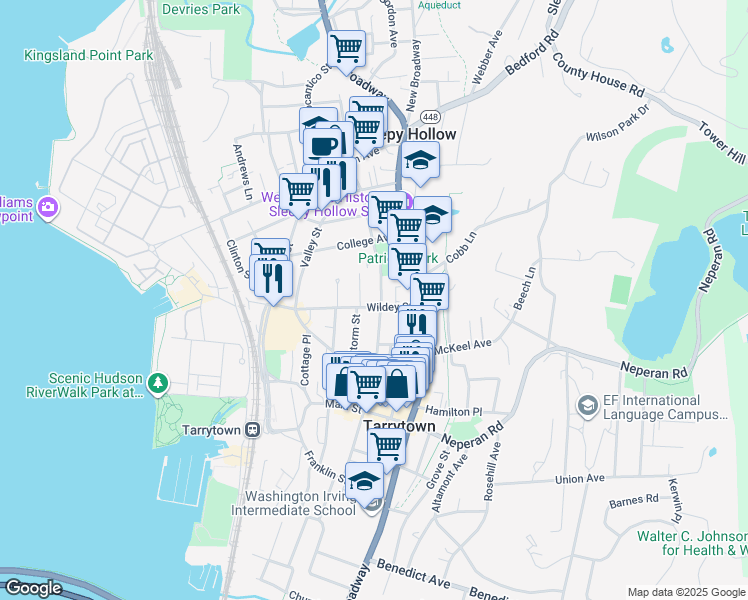 map of restaurants, bars, coffee shops, grocery stores, and more near 43 Wildey Street in Tarrytown