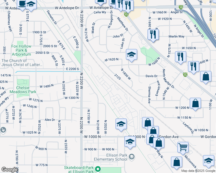 map of restaurants, bars, coffee shops, grocery stores, and more near 1464 North 1875 West in Layton
