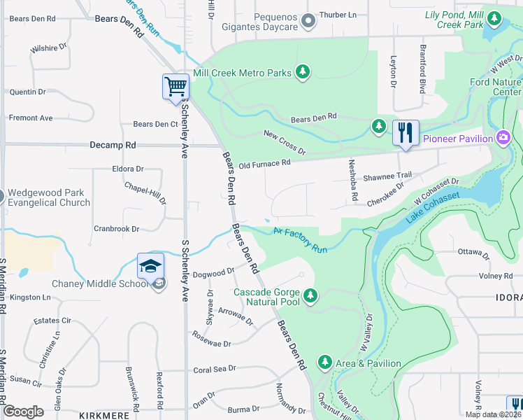 map of restaurants, bars, coffee shops, grocery stores, and more near 2376 Shawnee Trail in Youngstown