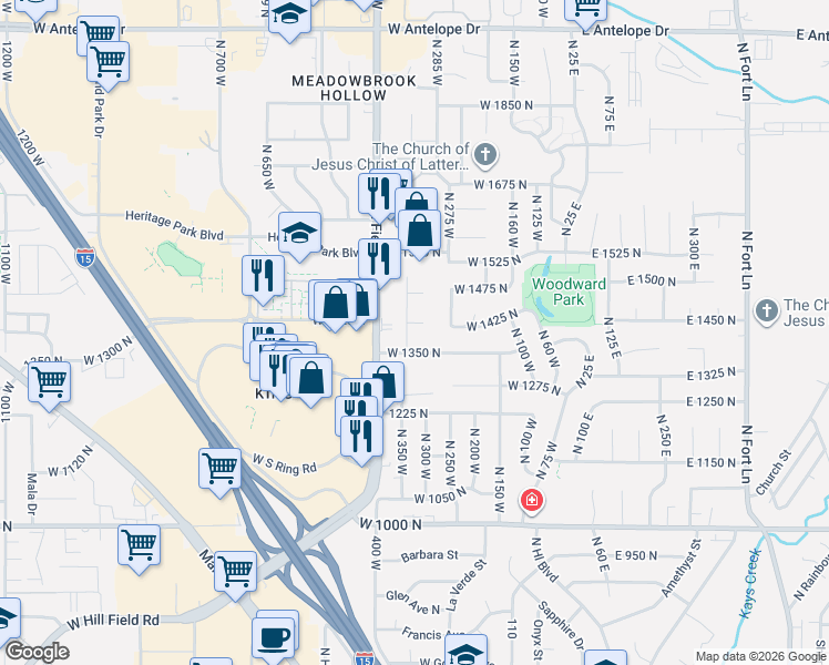 map of restaurants, bars, coffee shops, grocery stores, and more near 341 West 1450 North in Layton