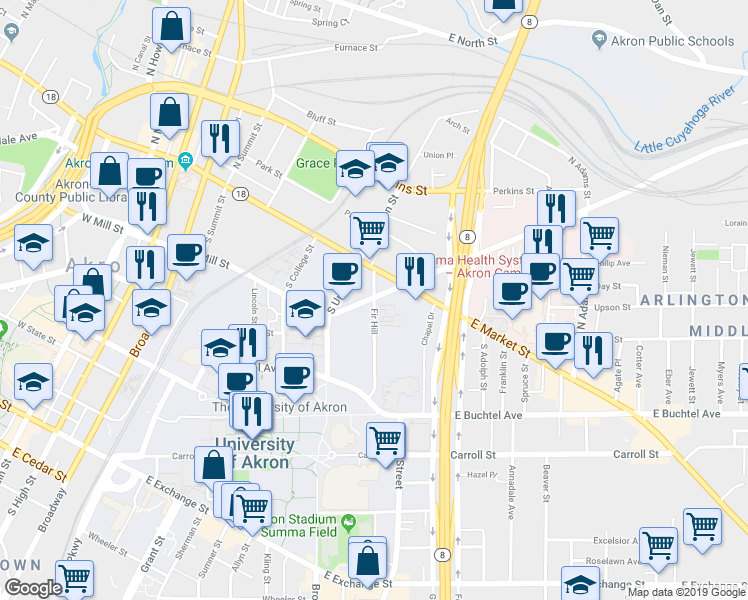 map of restaurants, bars, coffee shops, grocery stores, and more near 76 Fir Hill in Akron