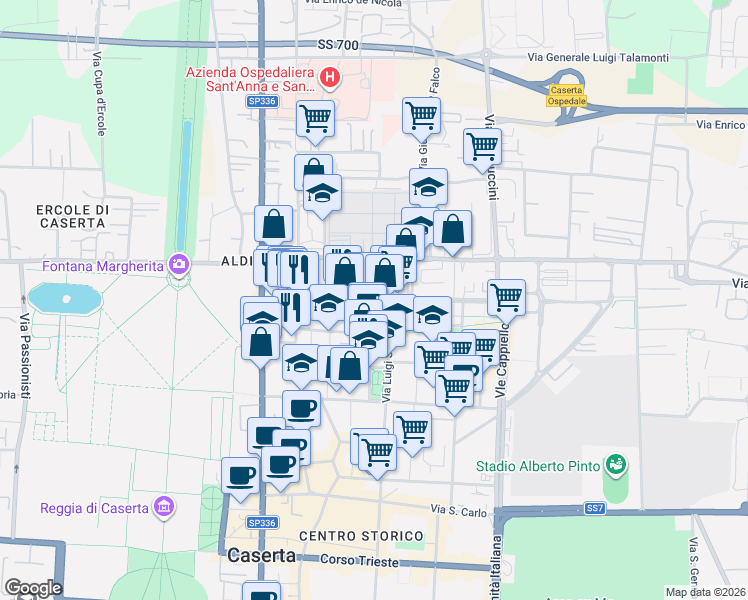 map of restaurants, bars, coffee shops, grocery stores, and more near 106 Via Giuseppe Maria Bosco in Caserta
