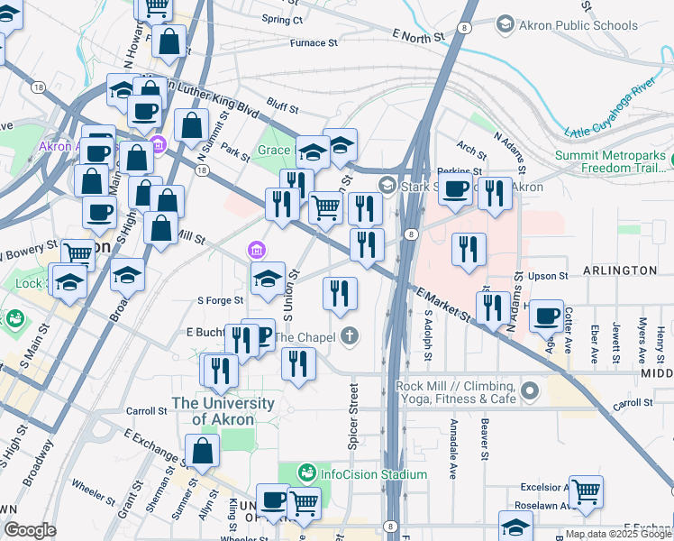 map of restaurants, bars, coffee shops, grocery stores, and more near 11 South Forge Street in Akron