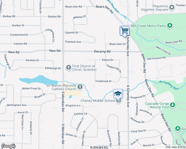 map of restaurants, bars, coffee shops, grocery stores, and more near 2036 Cranbrook Drive in Youngstown