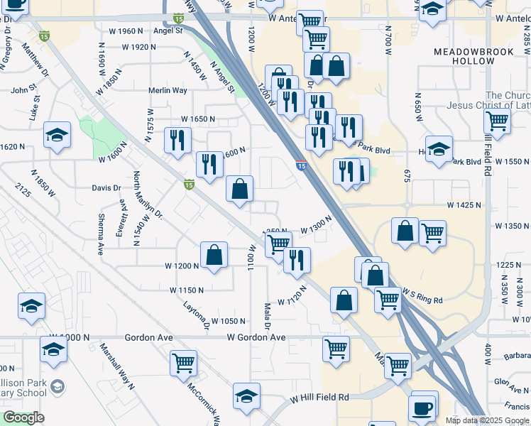 map of restaurants, bars, coffee shops, grocery stores, and more near Seraphim Lane in Layton