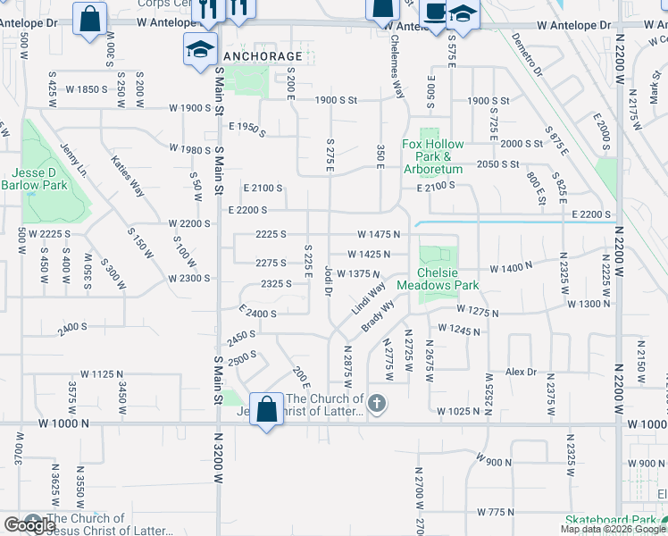 map of restaurants, bars, coffee shops, grocery stores, and more near 2912 West 1375 North in Layton