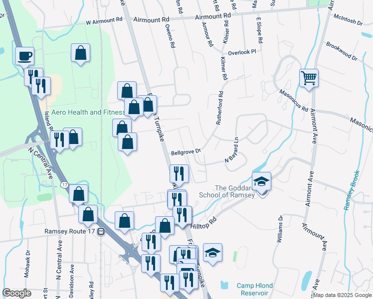 map of restaurants, bars, coffee shops, grocery stores, and more near 101 Bellgrove Drive in Mahwah