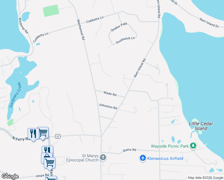 map of restaurants, bars, coffee shops, grocery stores, and more near 13 Wade Road in Shelter Island