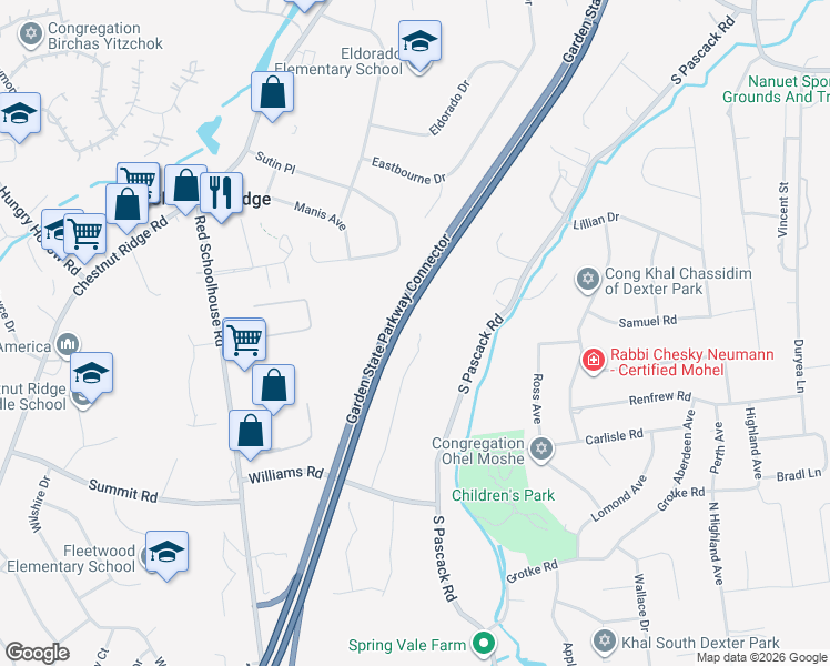 map of restaurants, bars, coffee shops, grocery stores, and more near 17 Nicole Way in Spring Valley