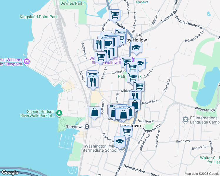 map of restaurants, bars, coffee shops, grocery stores, and more near 5 Wood Court in Tarrytown