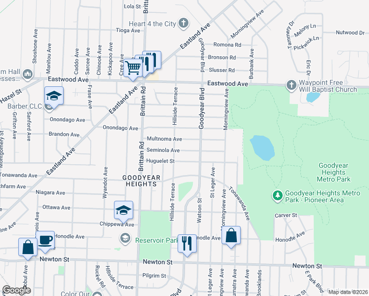 map of restaurants, bars, coffee shops, grocery stores, and more near 1539 Seminola Avenue in Akron