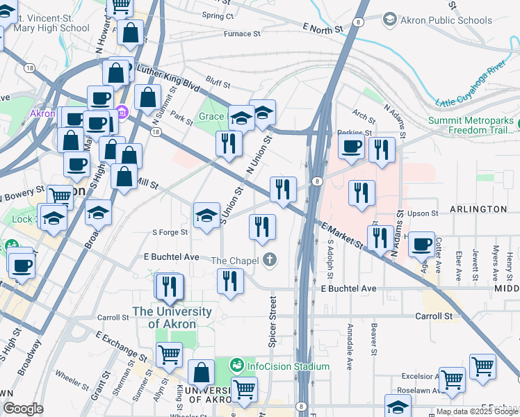 map of restaurants, bars, coffee shops, grocery stores, and more near 27 South Forge Street in Akron
