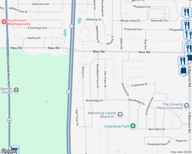 map of restaurants, bars, coffee shops, grocery stores, and more near 1966 Woodland Trce in Youngstown
