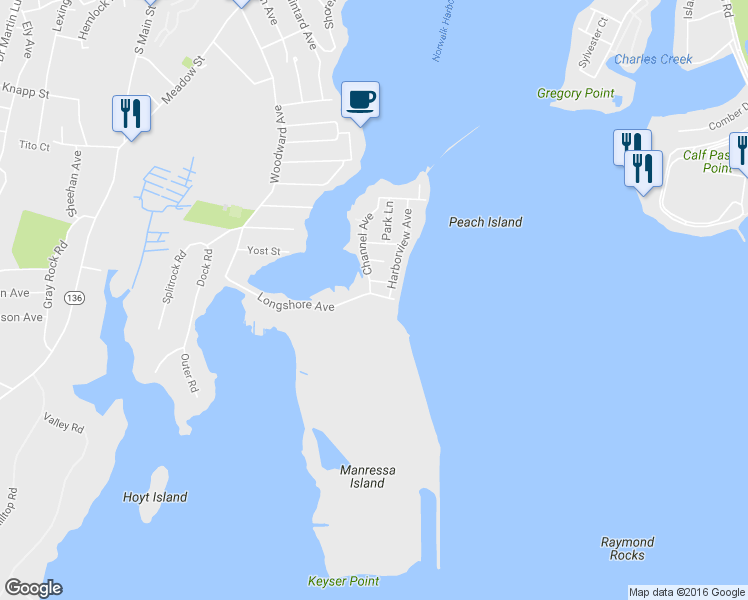 map of restaurants, bars, coffee shops, grocery stores, and more near 1 Longshore Avenue in Norwalk