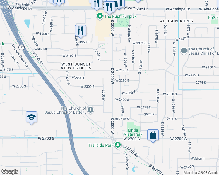 map of restaurants, bars, coffee shops, grocery stores, and more near 2306 South 2000 West in Syracuse