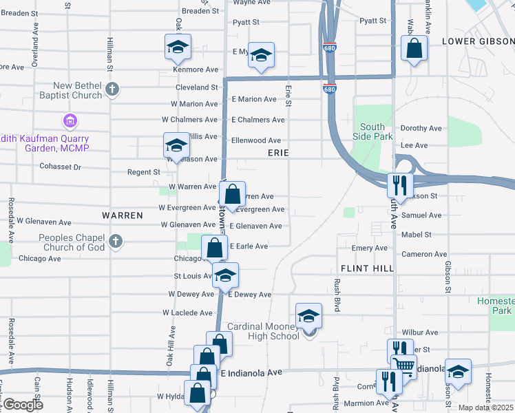 map of restaurants, bars, coffee shops, grocery stores, and more near 54 East Evergreen Avenue in Youngstown