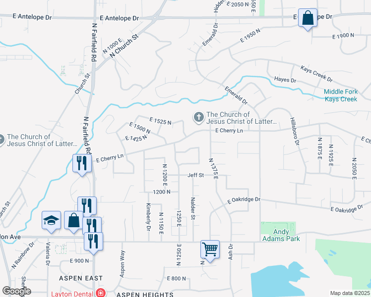 map of restaurants, bars, coffee shops, grocery stores, and more near 1265 East North Lisa Street in Layton