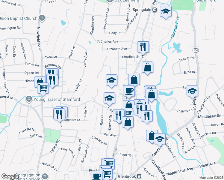 map of restaurants, bars, coffee shops, grocery stores, and more near 123 Ridgewood Avenue in Stamford