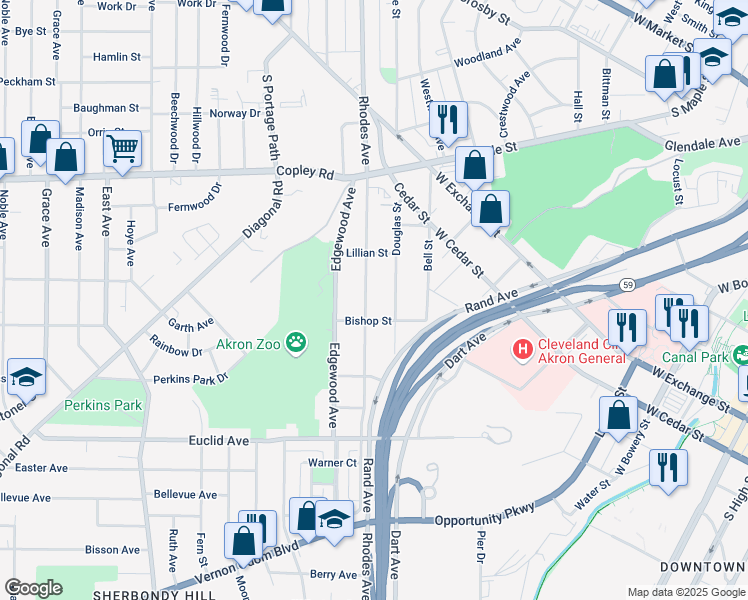map of restaurants, bars, coffee shops, grocery stores, and more near 490 Rhodes Avenue in Akron