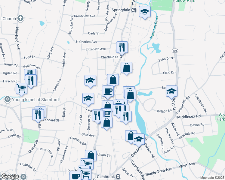 map of restaurants, bars, coffee shops, grocery stores, and more near 605 Hope Street in Stamford