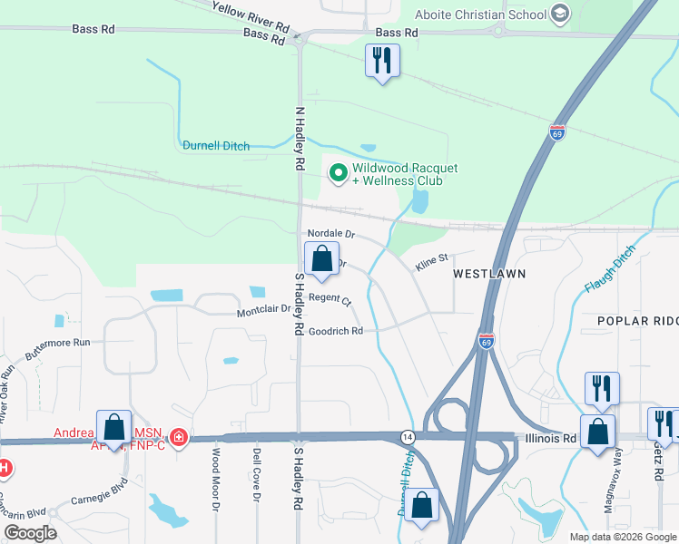 map of restaurants, bars, coffee shops, grocery stores, and more near 6933 Blake Drive in Fort Wayne