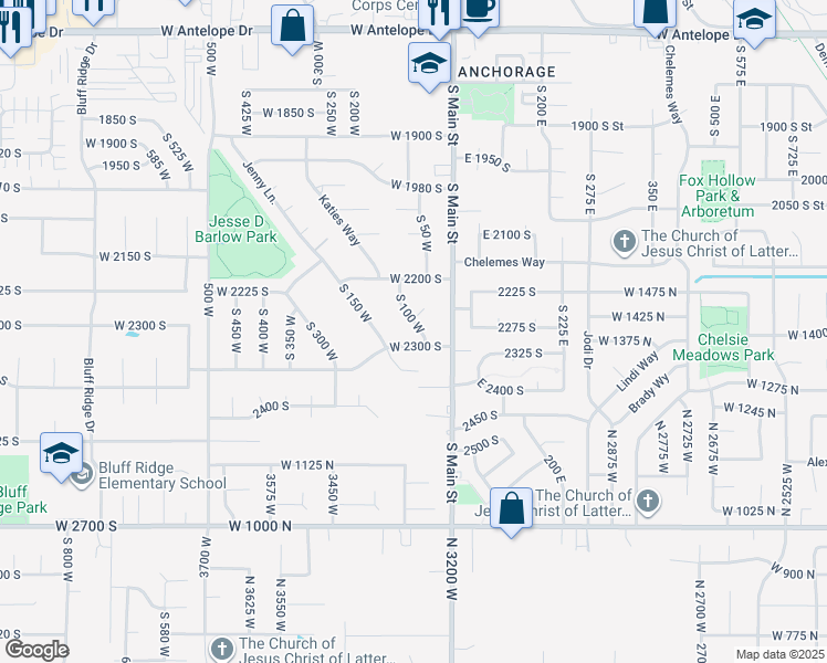 map of restaurants, bars, coffee shops, grocery stores, and more near 2273 South 100 West in Clearfield