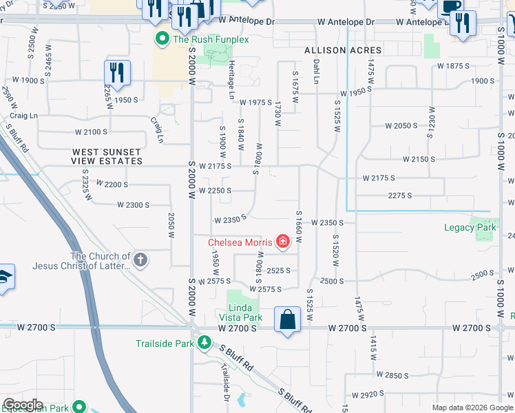 map of restaurants, bars, coffee shops, grocery stores, and more near 2291 South 1800 West in Syracuse