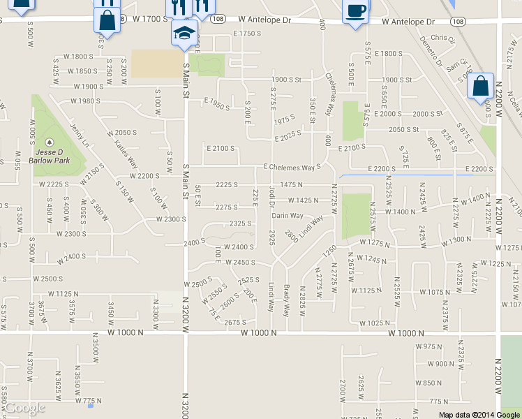 map of restaurants, bars, coffee shops, grocery stores, and more near 2285 South 225 East in Clearfield