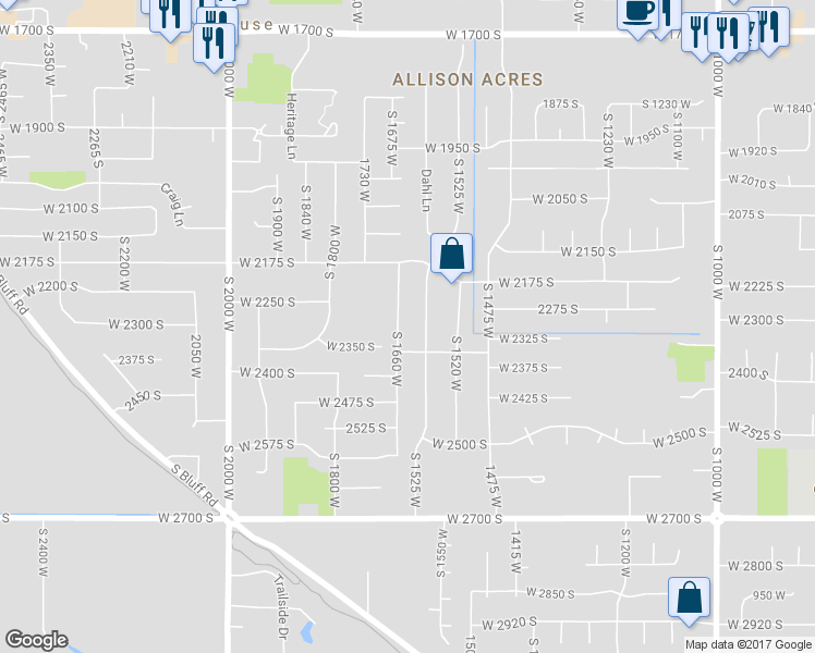 map of restaurants, bars, coffee shops, grocery stores, and more near 2301 South 1660 West in Syracuse