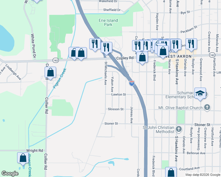 map of restaurants, bars, coffee shops, grocery stores, and more near 1104 Yukon Avenue in Akron